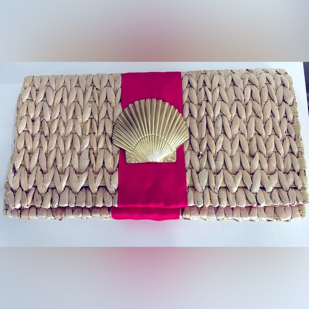Mudpie Woven Beige and Hot Pink Clutch with Gold Shell Accent - Picture 1 of 6
